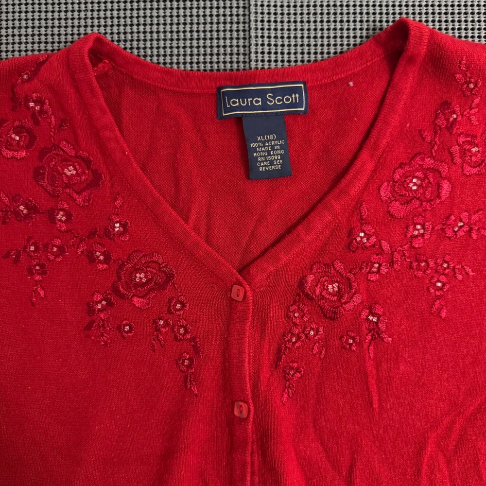 Laura Scott Red Floral Embroidered Beaded V-Neck Cardigan Sweater Womens XL - Picture 3 of 5